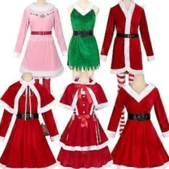 Julemandskostume til kvinder med kjole, julemandshat, læderbælte, strømper og skoovertræk, julemandskostumesæt til piger, julemodel 4 S Christmas model 4 S | Fyndiq