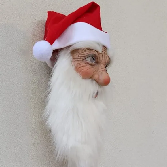 Julemaske, rød julehat, paryk, skæg, hætte