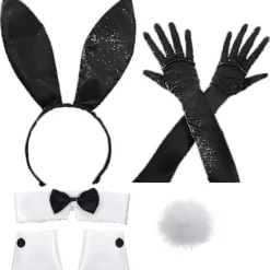 Kanin Kostume Sæt Til Jul Påske Cosplay - Inkluderer Kaninøre Pandebånd, Halsbånd Sløjfe, Manschetter, Lange Sorte Handsker Og Kanin Hale Tilbehør