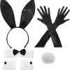 Kanin kostumesæt til jule- og påske-cosplay - Inkluderer kaninøre-pandebånd, krave med butterfly, manchetter, lange sorte handsker og kaninhale