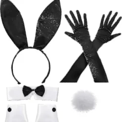 Kanin kostumesæt til jule- og påske-cosplay - Inkluderer kaninøre-pandebånd, krave med butterfly, manchetter, lange sorte handsker og kaninhale