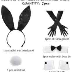 Kanin kostumesæt til jule- og påske-cosplay - Inkluderer kaninøre-pandebånd, krave med butterfly, manchetter, lange sorte handsker og kaninhale