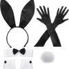 Kaninkostumesæt til jul, påske cosplay - Inkluderer kaninøre-pandebånd, krave-butterfly, manchetter, lange sorte handsker og kanin hale (LGL)