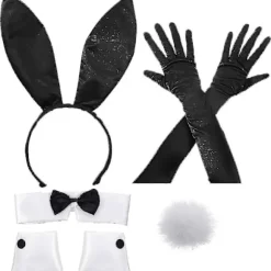 Kaninkostumesæt til jul, påske cosplay - Inkluderer kaninøre-pandebånd, krave-butterfly, manchetter, lange sorte handsker og kanin hale (LGL)