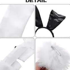 Kaninkostumesæt til jul, påske cosplay - Inkluderer kaninøre-pandebånd, krave-butterfly, manchetter, lange sorte handsker og kanin hale (LGL)