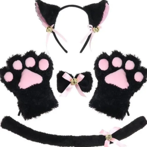 Katte Cosplay Kostume Sæt - Killingehale, Ører, Halsbånd, Pote, Handsker - Halloween Tilbehør (5 stk)