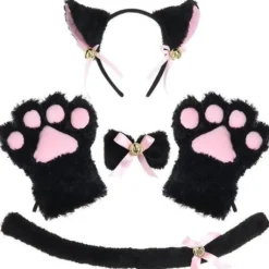 Katte Cosplay Kostume Sæt - Killingehale, Ører, Halsbånd, Pote, Handsker - Halloween Tilbehør (5 stk.)-X42-