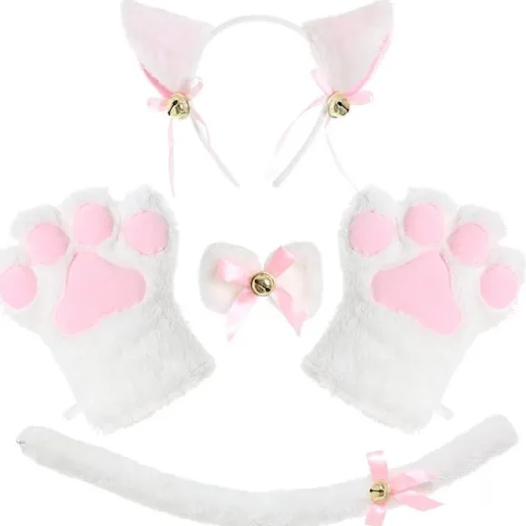 Katte cosplay kostume sæt killing hale ører krave poter handsker kit til halloween tilbehør 5 stk