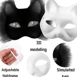 Kattemaske med pels og mesh-øje, blanke papirmasker til gør-det-selv, hvide malepapirmasker, kattemaske til gør-det-selv Halloween Mardi Gras-fest Noir-29pcs | Fyndiq