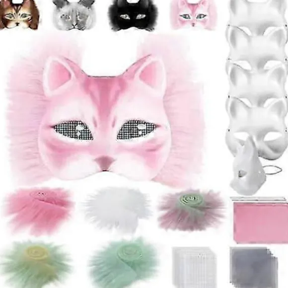 Kattemaske med pels og netøje, DIY blanke papirmasker, hvide malepapirmasker, kattemaske til DIY Halloween Mardi Gras-fest Rose-29pcs