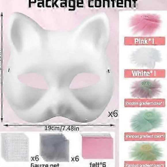 Kattemaske med pels og netøje, DIY blanke papirmasker, hvide malepapirmasker, kattemaske til DIY Halloween Mardi Gras-fest Rose-29pcs