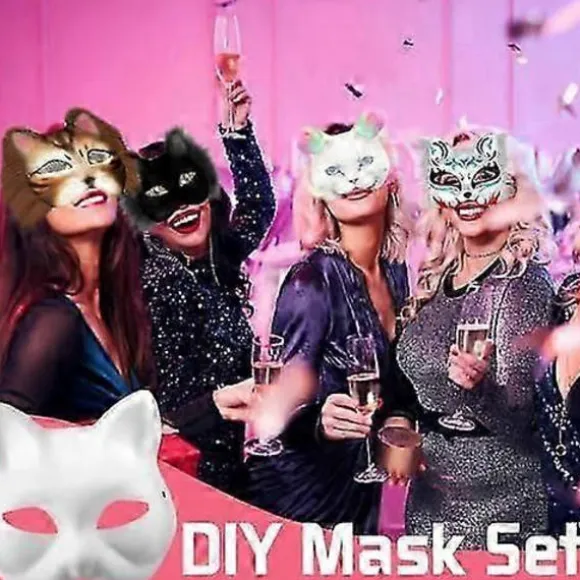 Kattemaske med pels og netøje, DIY blanke papirmasker, hvide malepapirmasker, kattemaske til DIY Halloween Mardi Gras-fest Rose-29pcs