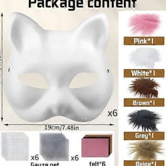 Kattemaske med pels og netøje, tomme papirmasker til DIY, hvide malepapirmasker, kattemaske til DIY Halloween Mardi Gras-fest-FA- Marron-29pcs