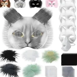 Kattemaske med pels og netøje, tomme papirmasker til gør-det-selv, hvide malepapirmasker, kattemaske til gør-det-selv Halloween Mardi Gras-fest_tfrf Gris-29pcs | Fyndiq