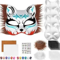 Kattemaske med pels og netøje, DIY blanke papirmasker, hvide malepapirmasker, kattemaske til DIY Halloween Mardi Gras Party_Surprise Marron-24pcs