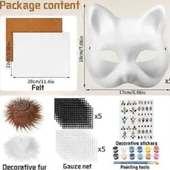 Kattemaske med pels og netøje, DIY blanke papirmasker, hvide malepapirmasker, kattemaske til DIY Halloween Mardi Gras Party_Surprise Marron-24pcs