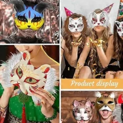 Kattemaske med pels og netøje, DIY blanke papirmasker, hvide malepapirmasker, kattemaske til DIY Halloween Mardi Gras Party_Surprise Marron-24pcs