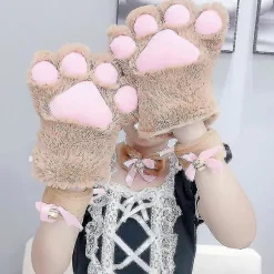 Kattepotehandsker Hyggelige Dyre Fuld Finger Bjørneklo Votter Vinter Plys Handske Halloween Cosplay Kostume Rekvisit Til Børn Voksne -Sy SIZE