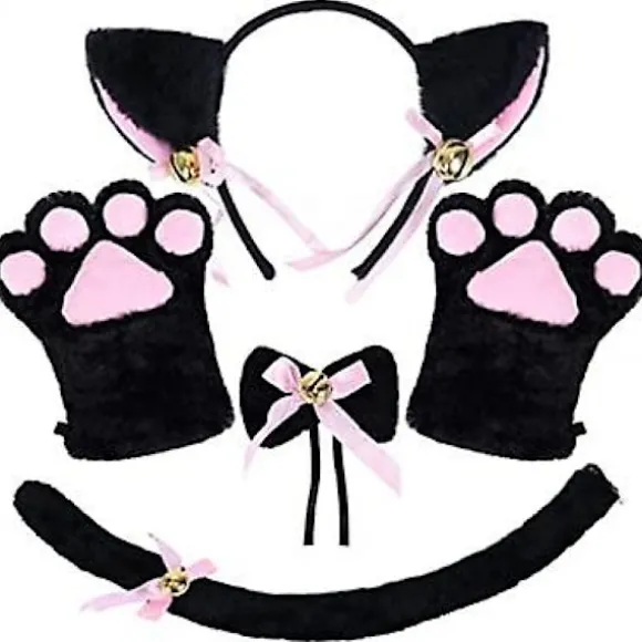 Katteører Pandebånd Kattehale Kattepote Handsker Klokke Halskæde Kat Cosplay Tilbehør