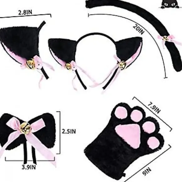Katteører Pandebånd Kattehale Kattepote Handsker Klokke Halskæde Kat Cosplay Tilbehør