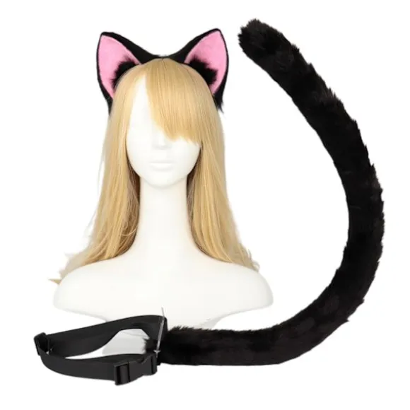 Kattesæt med ører og hale, lodne katteører pandebånd med kattehale, Anime killingeører, Halloween Cosplay Party til kat