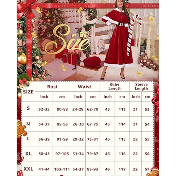 Kjole - Julemandskostume med aftagelig hættekappe og bælte, perfekt til julefrokoster, størrelse M.