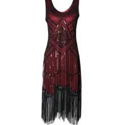 Kjole Great Gatsby Kostumefest Pailletter Frynser Vintage Kjole Sort rød '-PO-' Black red 3XL