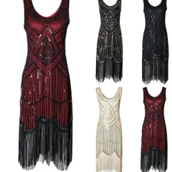 Kjole Great Gatsby Kostumefest Pailletter Frynser Vintage Kjole Sort rød '-PO-' Black red 3XL