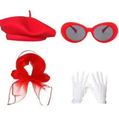 [KK] Fransk kostumesæt fra 1980'erne Fransk baret hat solbriller tørklæde handsker Fransk kunstnersæt kompatibelt med Halloween Cosplay Karneval red glasses | Fyndiq