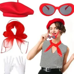 [KK] Fransk kostumesæt fra 1980'erne Fransk baret hat solbriller tørklæde handsker Fransk kunstnersæt kompatibelt med Halloween Cosplay Karneval red glasses | Fyndiq