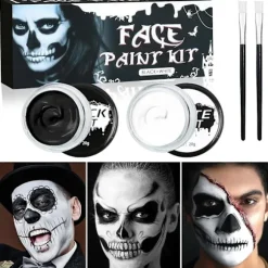 [KK] Sort Hvid Ansigtsmaling, Ansigtsfarve Kropsmaling, Halloween Makeup Sæt med Makeupbørste, Kompatibel med Halloween Udklædningsfest