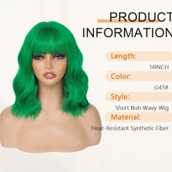 Kort bølget ingefærparyk med pandehår, hvid farverigt cosplayhår til kvinder daglig fest Halloween, varmebestandig syntetisk fiber Green