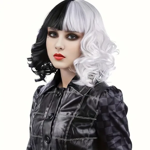 Kort Krøllet Paryk Sort Hvid To-tonet Pandehår Kostumefester Cosplay Halloween Black And White Color 35.56cm