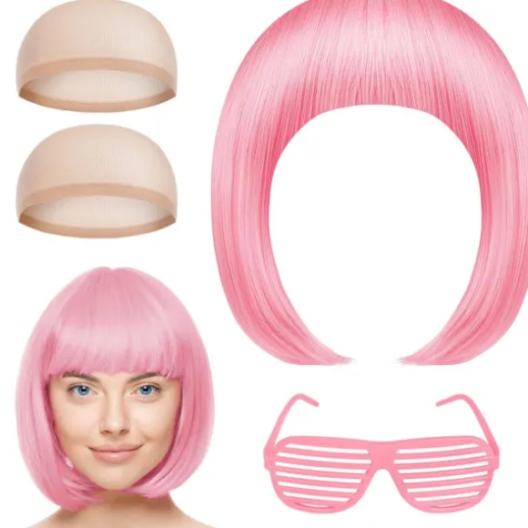 Kort Paryk og Solbrillesæt til Kvinder Neon Cosplay Paryk Pink Hårstykke 35cm Polterabend Tilbehør