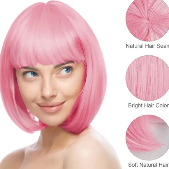Kort Paryk og Solbrillesæt til Kvinder Neon Cosplay Paryk Pink Hårstykke 35cm Polterabend Tilbehør