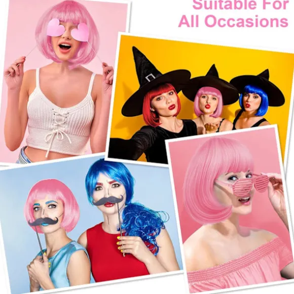 Kort Paryk og Solbrillesæt til Kvinder Neon Cosplay Paryk Pink Hårstykke 35cm Polterabend Tilbehør