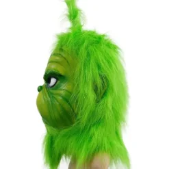 Kostumemaske med grøn pels til jule-cosplayfest, latexrekvisitter, grøn monstermaske, søde grønne rekvisitter til have- og terrassefest, grøn