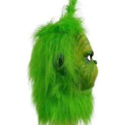 Kostumemaske med grøn pels til jule-cosplayfest, latexrekvisitter, grøn monstermaske, søde grønne rekvisitter til have- og terrassefest, grøn