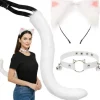 Kostumesæt med katteører, hale og choker med klokker hvid 3-dele