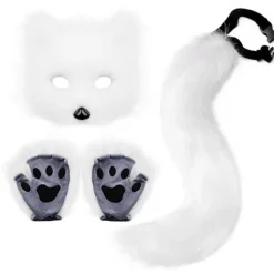 Kunstig Pels Ræv Hale Kat Varulv Cosplay Kostume Sæt Plys Maske Fluffy Pote Handsker Halloween Jul Hvid Hvid One Size—max One Size White