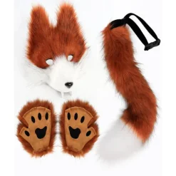 Kunstig Pels Rævehale Kat Varulv Cosplay Kostume Sæt Plys Maske Fluffy Potehandsker Halloween Jul Red, brown and white, average size