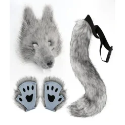 Kunstig Pels Rævehale Kat Varulv Cosplay Kostume Sæt Plys Maske Fluffy Potehandsker Halloween Jul Dark gray, average size