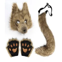 Kunstig Pels Rævehale Kat Varulv Cosplay Kostume Sæt Plys Maske Fluffy Potehandsker Halloween Jul Grass yellow, average size