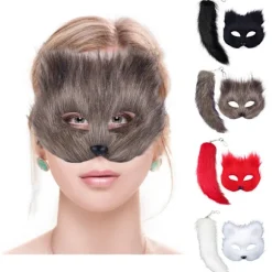 Kunstig Pels Rævehale Kat Maske Therian Maske og Hale Halloween Cosplay Fest-WELLNGS