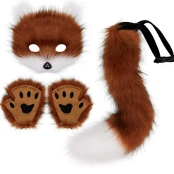 Kunstig Pelsræv Hale Kat Varulv Cosplay Kostume Sæt Plys Maske Fluffy Poter Handsker Halloween Jul Rødbrun og Hvid Red brown and white One Size