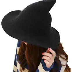 Kvinde Heks Hat Troldmand (Sort 56-58cm), Uld Hat Voksen Tøj Fest Rekvist Halloween Camouflage Rollespil Hat
