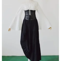 Kvinders Renæssance Middelalderkostume Flare Ærmer Korset Nederdele Overkjole Festkjole Black-FF- Black 2XL