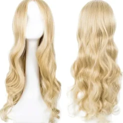 Lang blond bølget paryk til damer, 68 cm lang krøllet paryk, syntetisk udklædningsparyk til kvinder (blond)