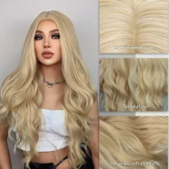 Lang blond bølget paryk til damer, 68 cm lang krøllet paryk, syntetisk udklædningsparyk til kvinder (blond)
