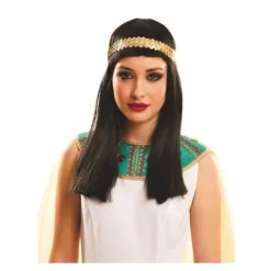 Lang hårry - Egyptisk - Sort - Glat syntetisk hår - Kort pandehår - Hovedbånd med gyldne perler